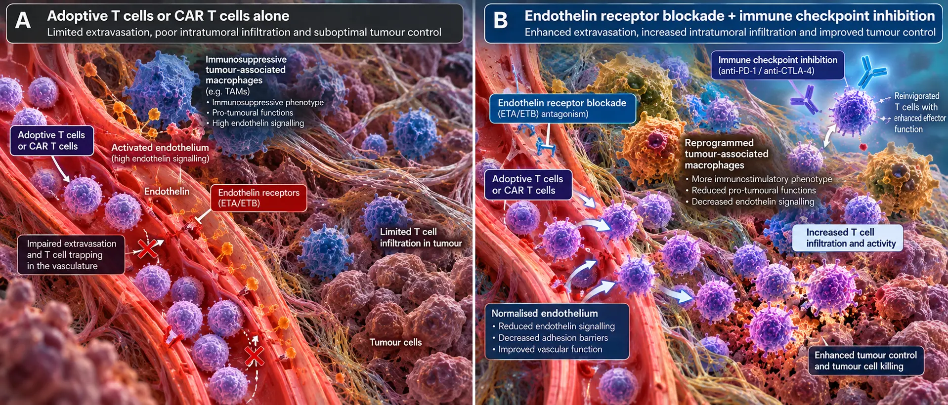Illustration comparing limited T cell tumour infiltration with improved infiltration following endothelin receptor blockade and immune checkpoint inhibition